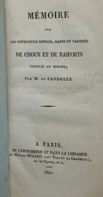 Item #15010 Mémoire sur les Différentes Especes, Races et Varietés de Choux et de Raiforts...