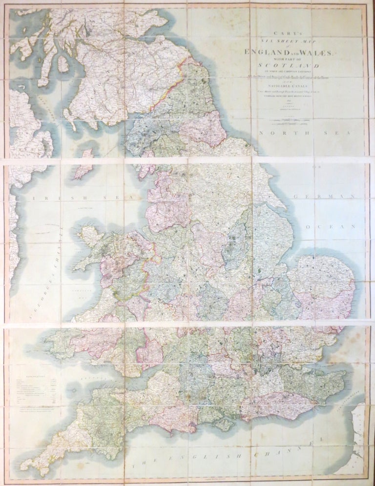 Item #28580 Cary's Six Sheet Map of England and Wales, with Part of Scotland: on which are Carefully Laid Down all the Direct and Principal Cross Roads, the Course of the Rivers and Navigable Canals, Cities, Market and Borough Towns, the Principal Villages, Parks &c. J. CARY.
