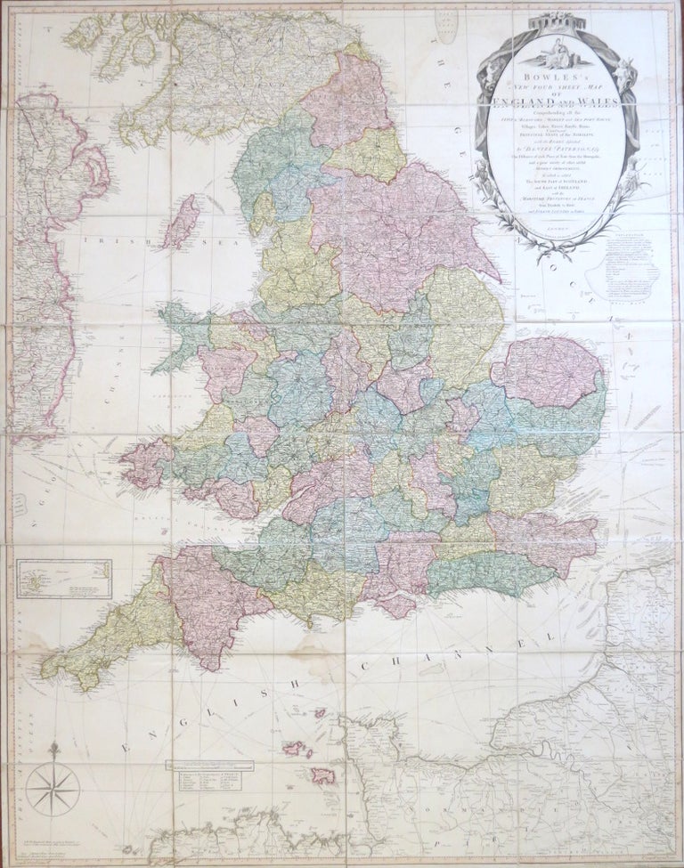 Item #29391 Bowles's New Four-Sheet Map of England and Wales: Comprehending all the Cities, Boroughs, Market and Sea Port Towns, Villages, Lakes, Rivers, Forests, Ruins, Canals, and Principal Seats of the Nobility, described by. BOWLES AND CARVER, Daniel PATERSON.