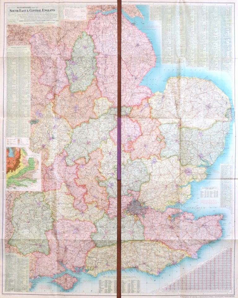 Item #33648 Richardson's Map of South East & Central England. Comprising the Counties of Derby, Nottingham, Lincoln, Leicester, Rutland, Warwick, Northampton, Huntingdon, Cambridge, Norfolk, Suffolk, Bedford, Oxford, Buckingham, Hertford, Essex, Middlesex, London, Berkshire, Wiltshire, Hampshire, Surrey, Sussex & Kent. Showing Boroughs in Separate Colours, Railways, Roads, & Golf Links. G. W. BACON.