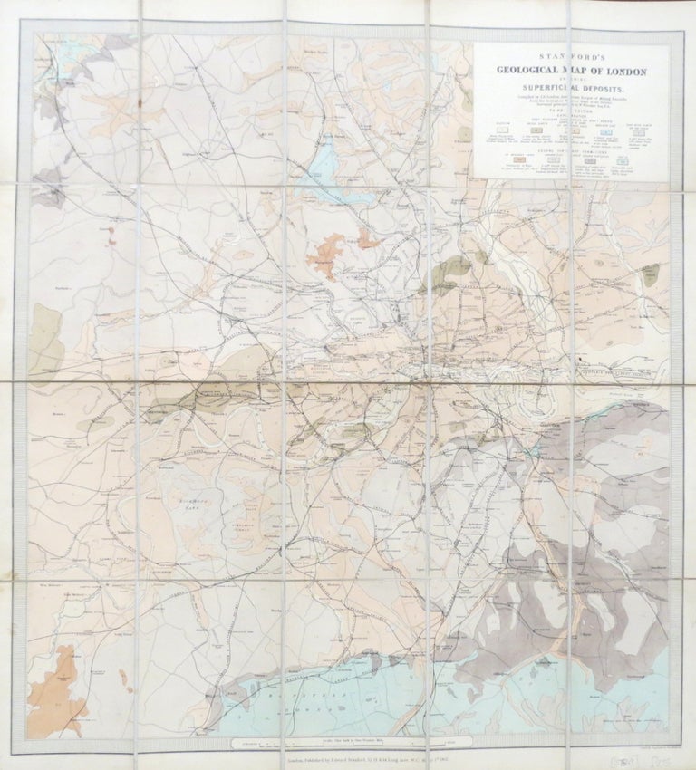 Item #37549 Stanford's Geological Map of London Shewing Superficial Deposits. Compiled by... Assistant Keeper of Mining Records from the Geological Survey Maps of the District. Surveyed Principally W. Whitaker. J. B. JORDAN.