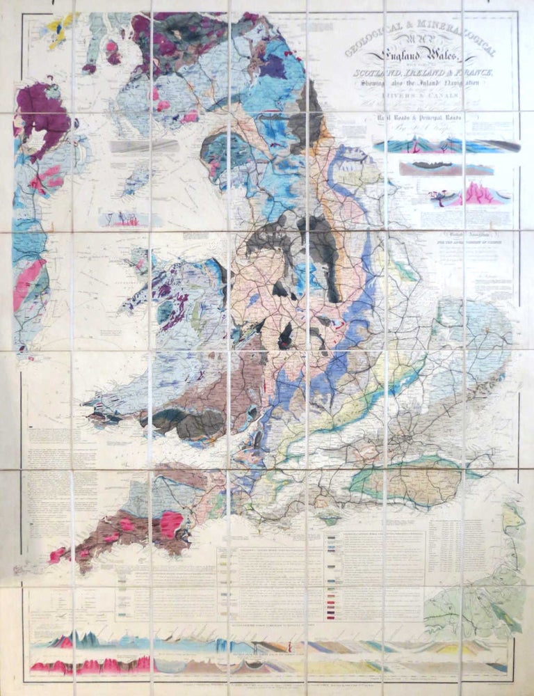 Item #44427 Geological & Mineralogical Map of England & Wales, With Parts of Scotland, Ireland & France, Showing also the Inland Navigation By Means of Rivers & Canals, With the Elevation in Feet Above the Sea, the Rail Roads & Principal Roads. J. A KNIPE.